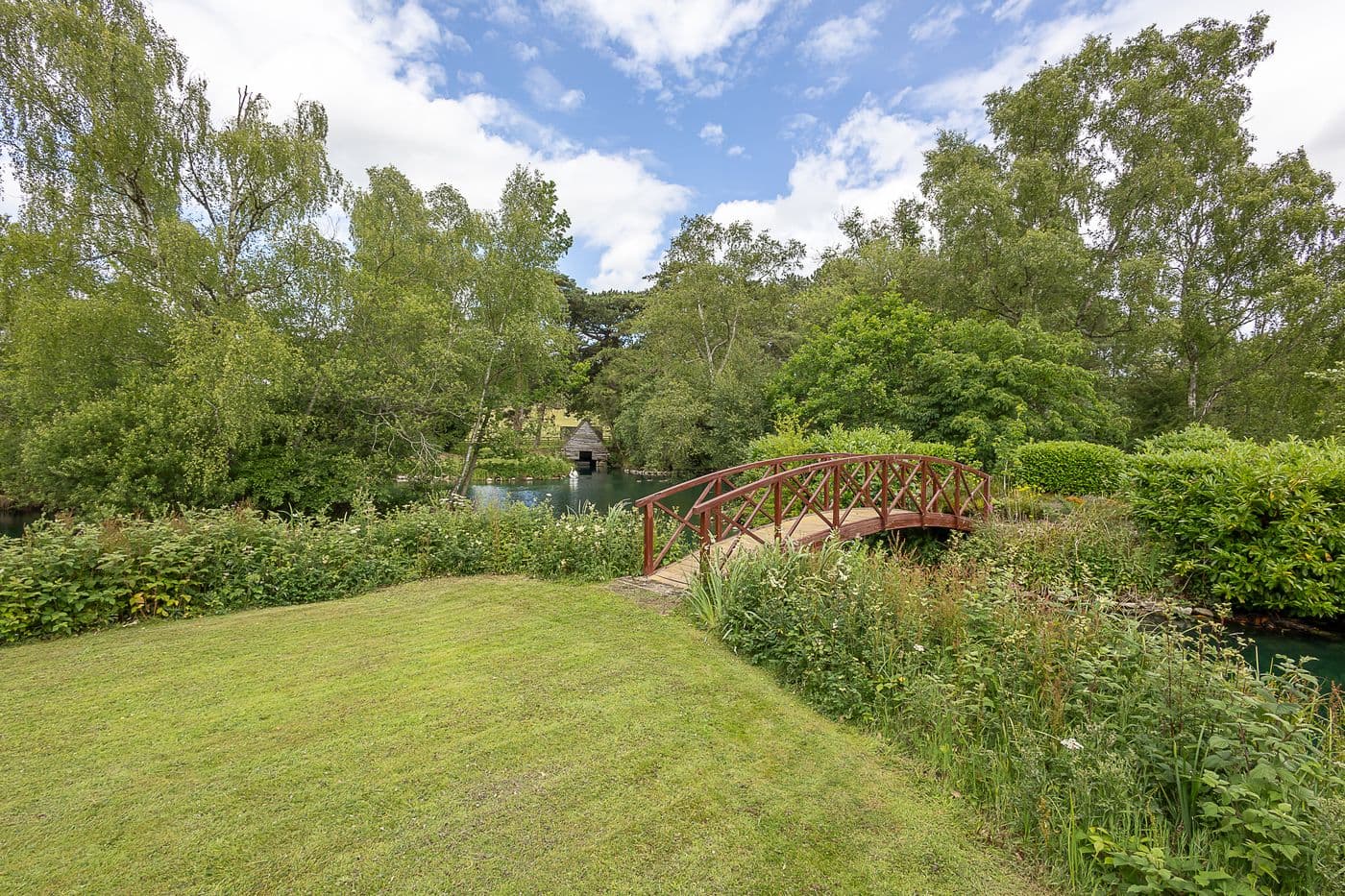 The red bridge to the island from the lawn